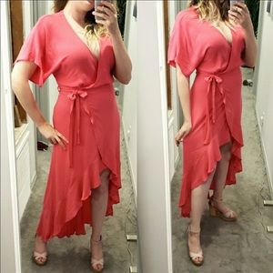 Coral Ruffle High Low Wrap Dress